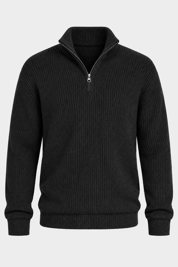 Herrenpullover mit halbem Reißverschluss, Rippstrick und hohem Kragen – Stellan