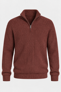 Herrenpullover mit halbem Reißverschluss, Rippstrick und hohem Kragen – Stellan