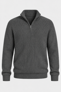 Herrenpullover mit halbem Reißverschluss, Rippstrick und hohem Kragen – Stellan