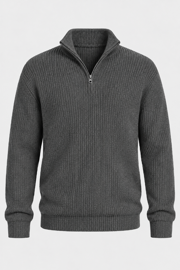 Herrenpullover mit halbem Reißverschluss, Rippstrick und hohem Kragen – Stellan