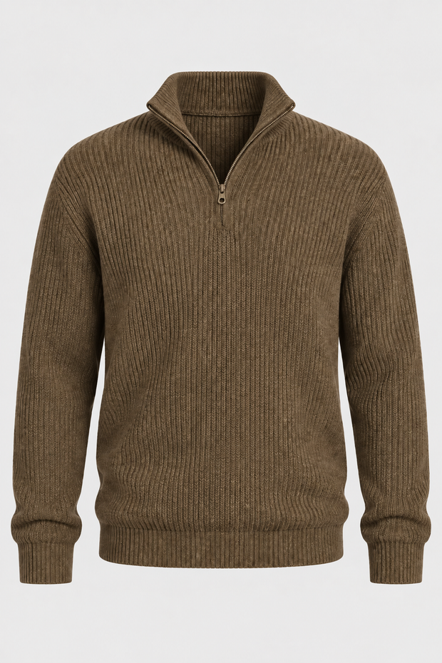 Herrenpullover mit halbem Reißverschluss, Rippstrick und hohem Kragen – Stellan