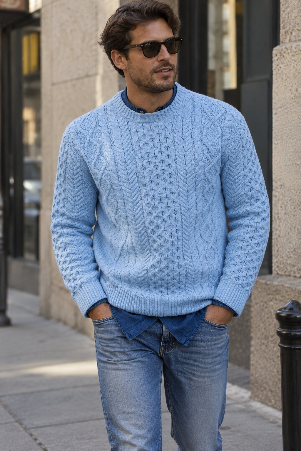 Herrenpullover mit Zopfmuster, Rundhalsausschnitt und langen Ärmeln – Bastien