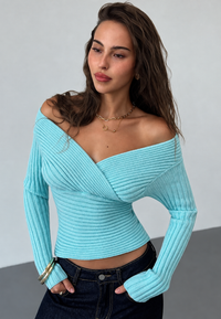 Pull femme côtelé épaules dénudées encolure croisée coupe ajustée - Ariadna