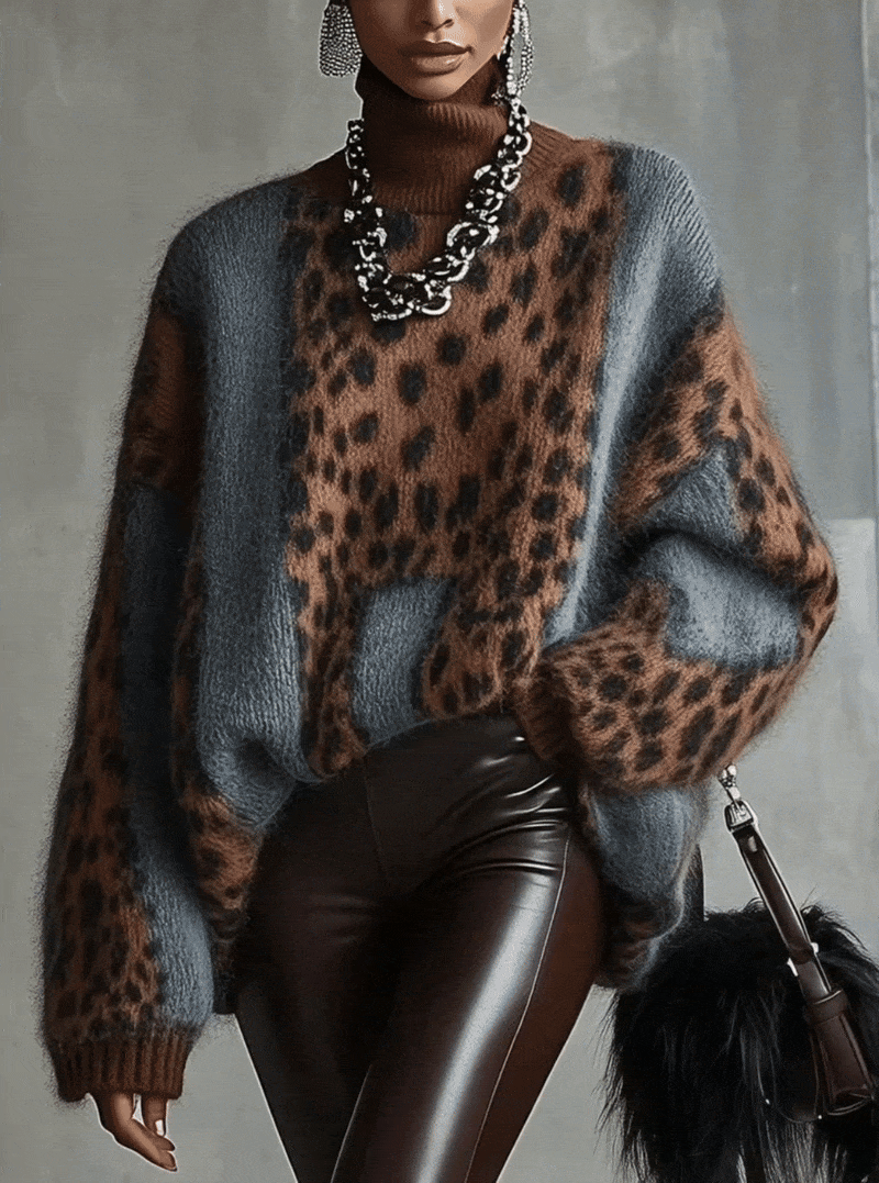Oversize-Damenpullover mit Rollkragen und Leopardenmuster – Linnea