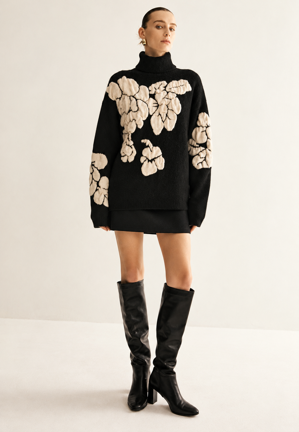 Pull femme col montant jacquard floral coupe ample - Briseida