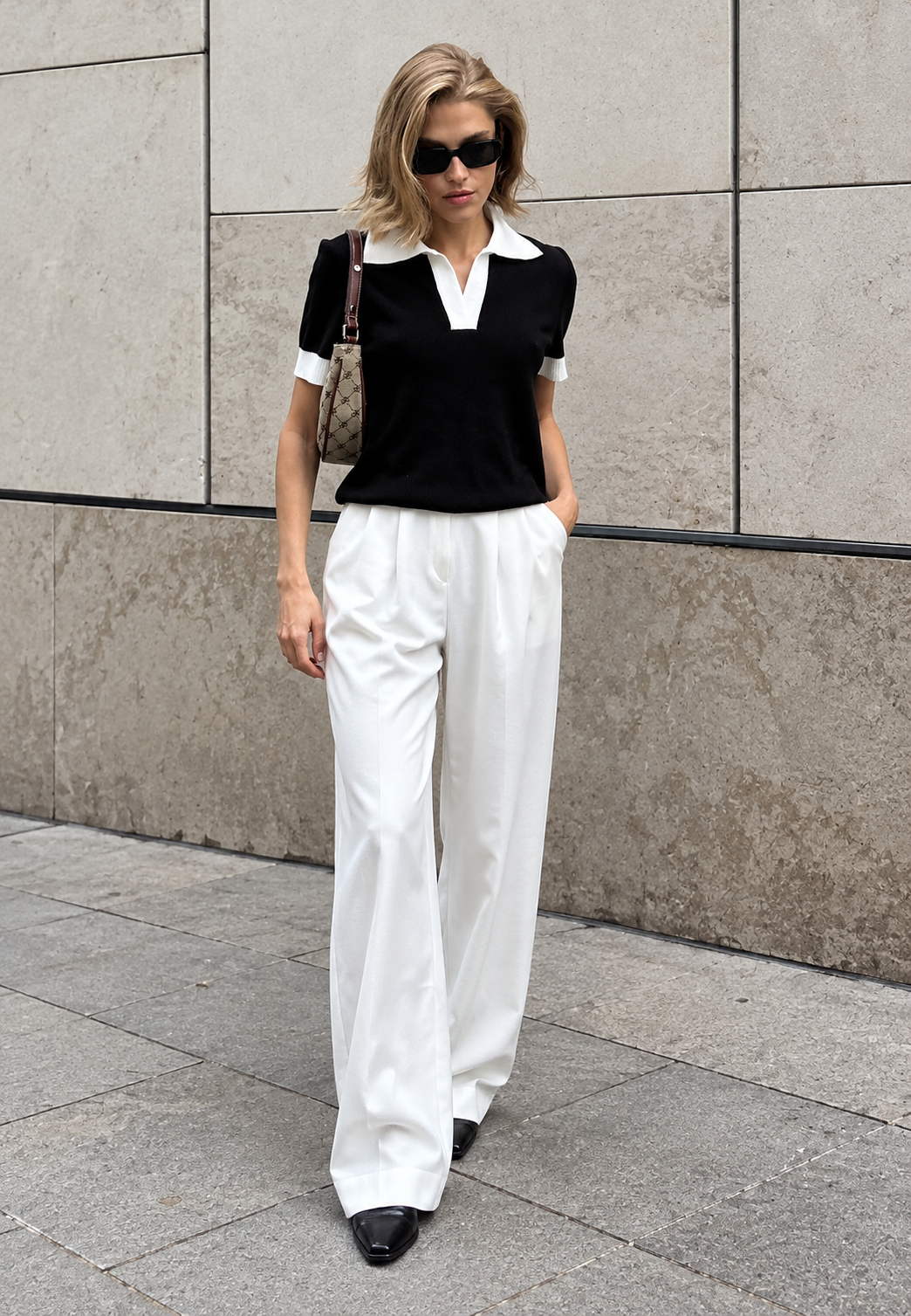 Pull femme col polo manches courtes bordures contrastantes - Sabela