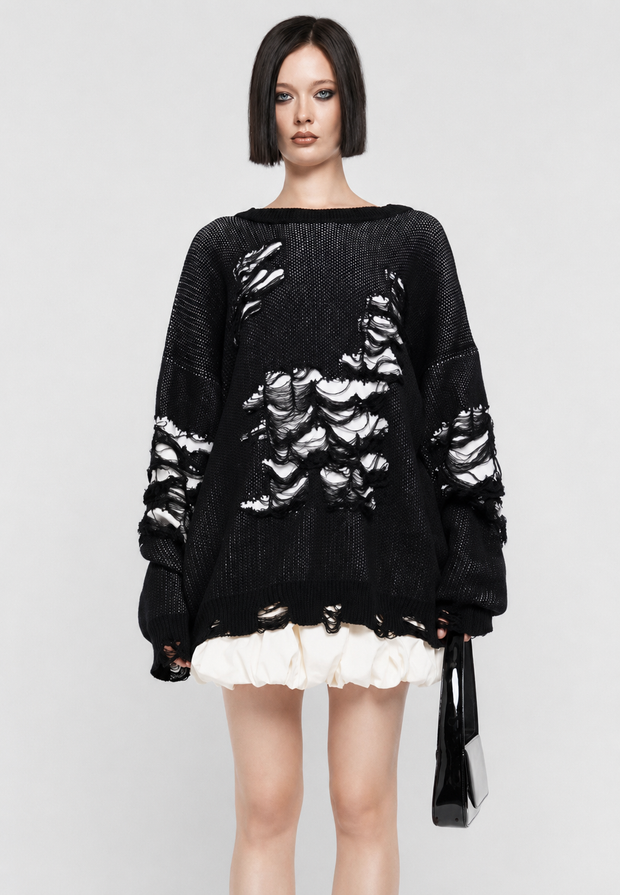 Oversize-Strickpullover für Damen mit offenem Strickmuster und dekorativen Rissen – Vianne