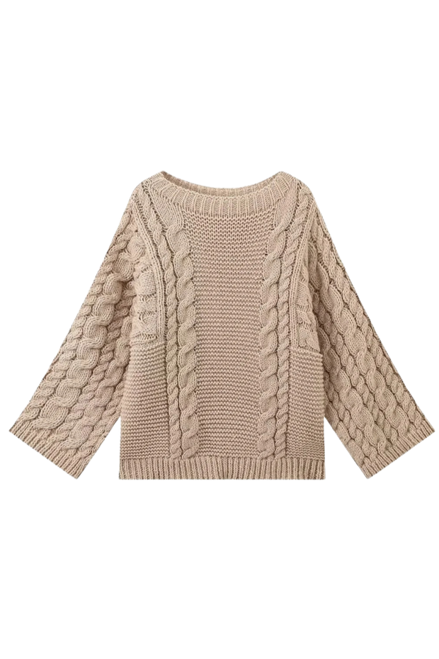 Oversize-Damenpullover mit Zopfmuster, ausgestelltem Ärmel und hohem Kragen – Nerina