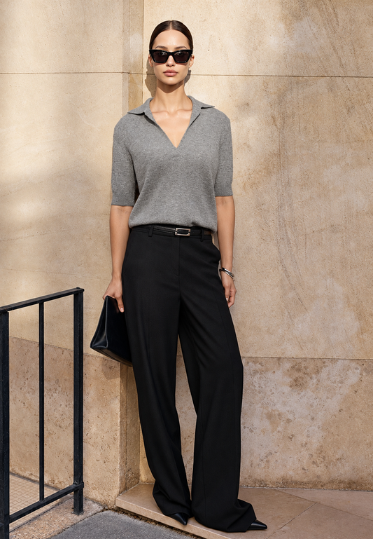 Pull femme en maille fine col polo manches courtes col V - Lidia