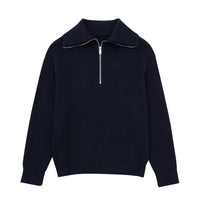 Damenpullover mit Streifen, halbem Reißverschluss und Stehkragen – Holly