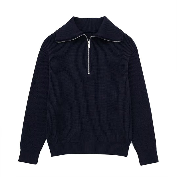 Damenpullover mit Streifen, halbem Reißverschluss und Stehkragen – Holly