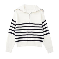 Damenpullover mit Streifen, halbem Reißverschluss und Stehkragen – Holly