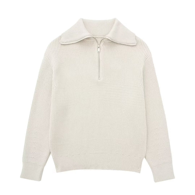 Damenpullover mit Streifen, halbem Reißverschluss und Stehkragen – Holly