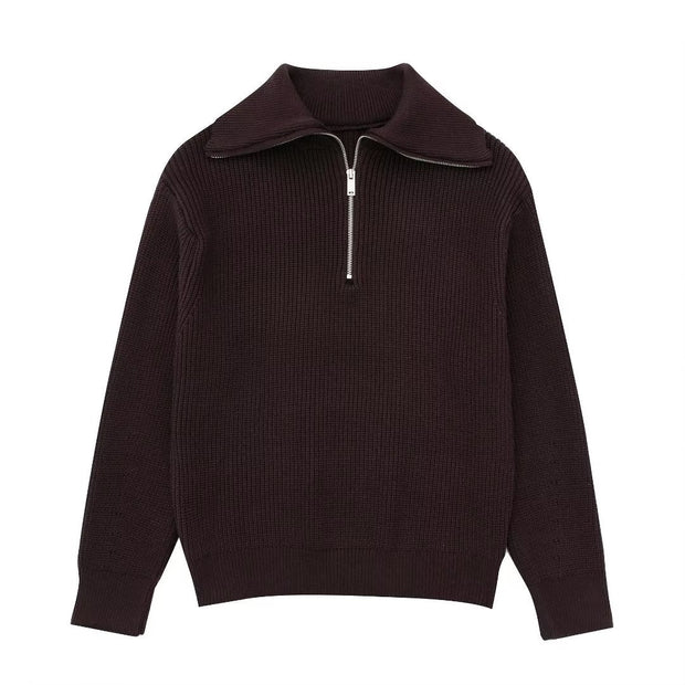 Damenpullover mit Streifen, halbem Reißverschluss und Stehkragen – Holly