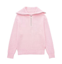 Damenpullover mit Streifen, halbem Reißverschluss und Stehkragen – Holly