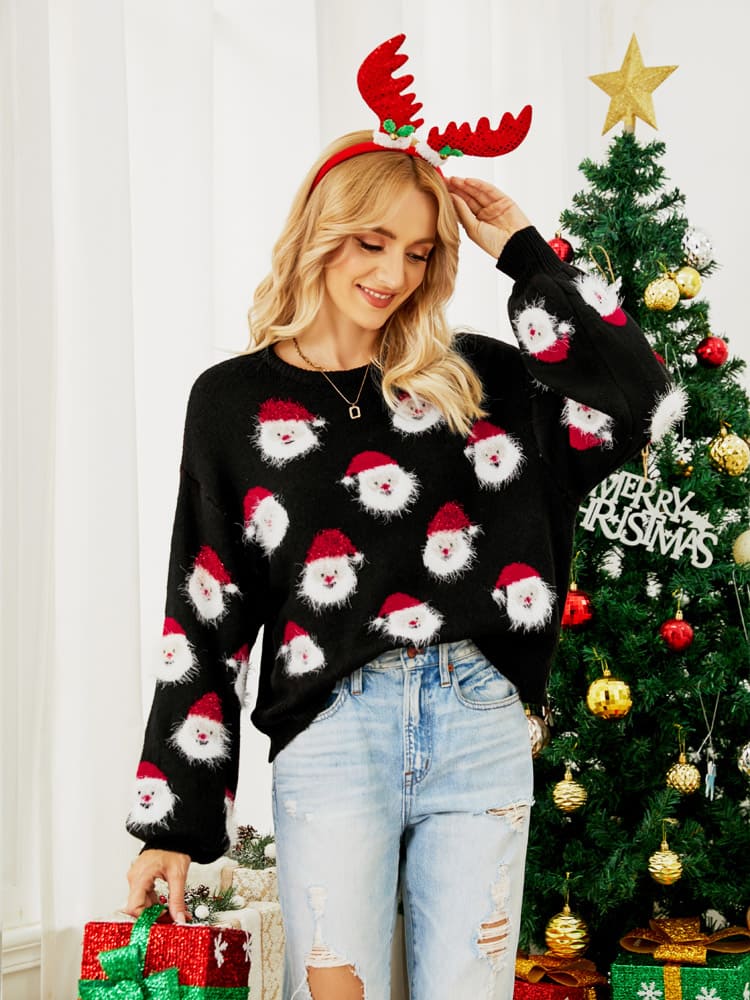 Weihnachtspullover für Damen mit langem Ärmel im Weihnachtsmann-Design – Narela