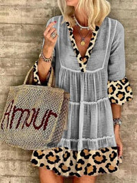 Leona - Mode Léopard Imprimé Patchwork Coton Lin Robe