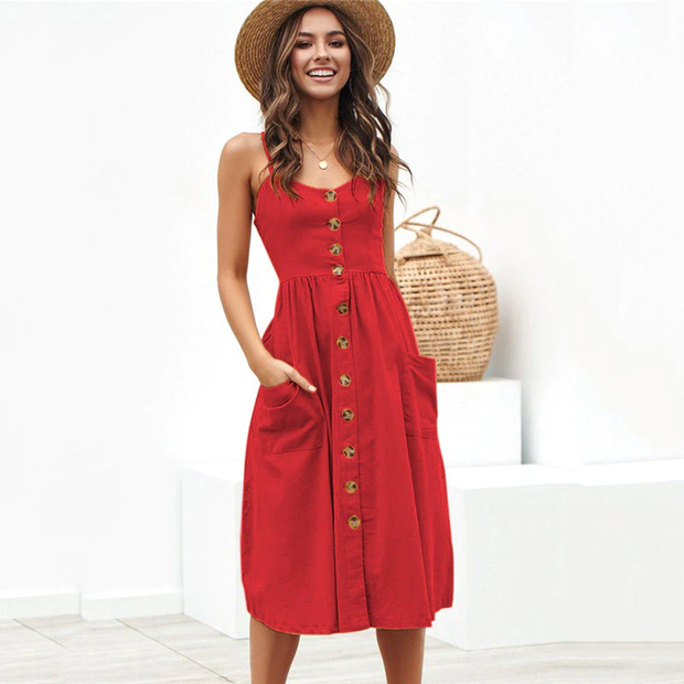 Ingrid - Buttoned midi summer dress with pockets