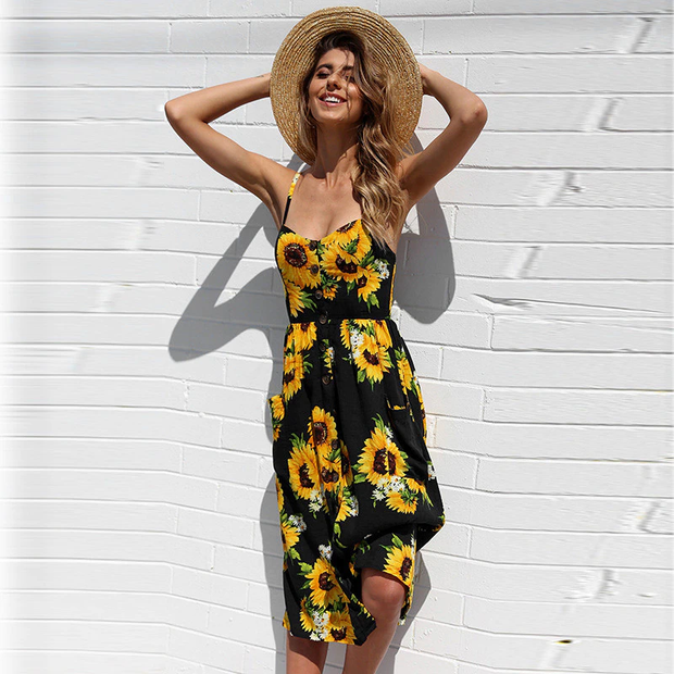 Ingrid - Buttoned midi summer dress with pockets