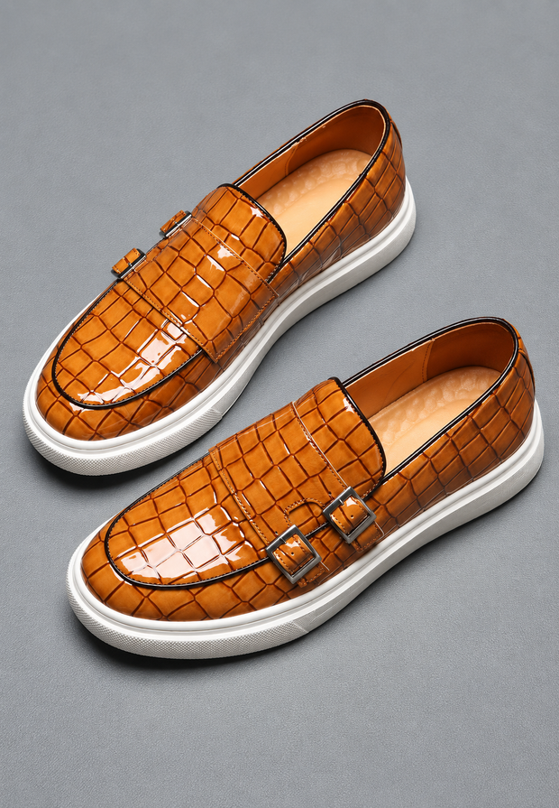 Mocassins homme effet crocodile à double boucle et semelle blanche - Torben
