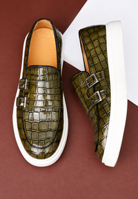 Mocassins homme effet crocodile à double boucle et semelle blanche - Torben