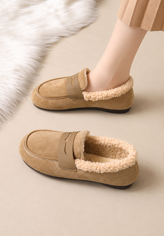 Mocassins pour femme, aspect daim à l'extérieur et aspect fourrure à l'intérieur - Naira
