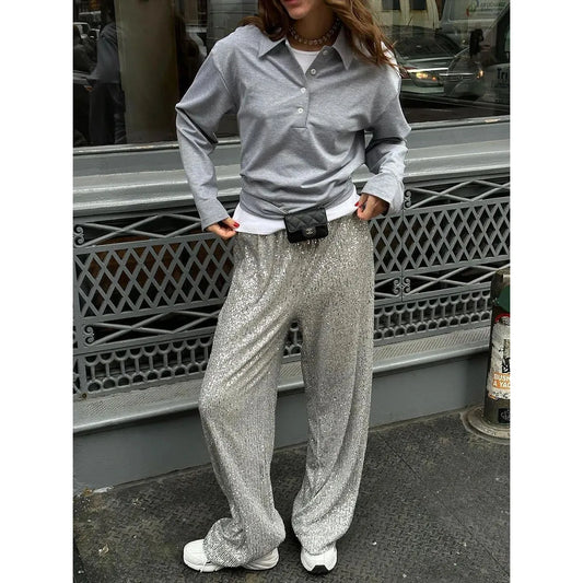 Pantalon à paillettes pour femmes - taille haute, coupe décontractée