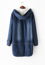 Langer Denim-Parka mit Kapuze und Futter in Lammfelloptik – Freja