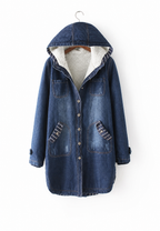 Langer Denim-Parka mit Kapuze und Futter in Lammfelloptik – Freja