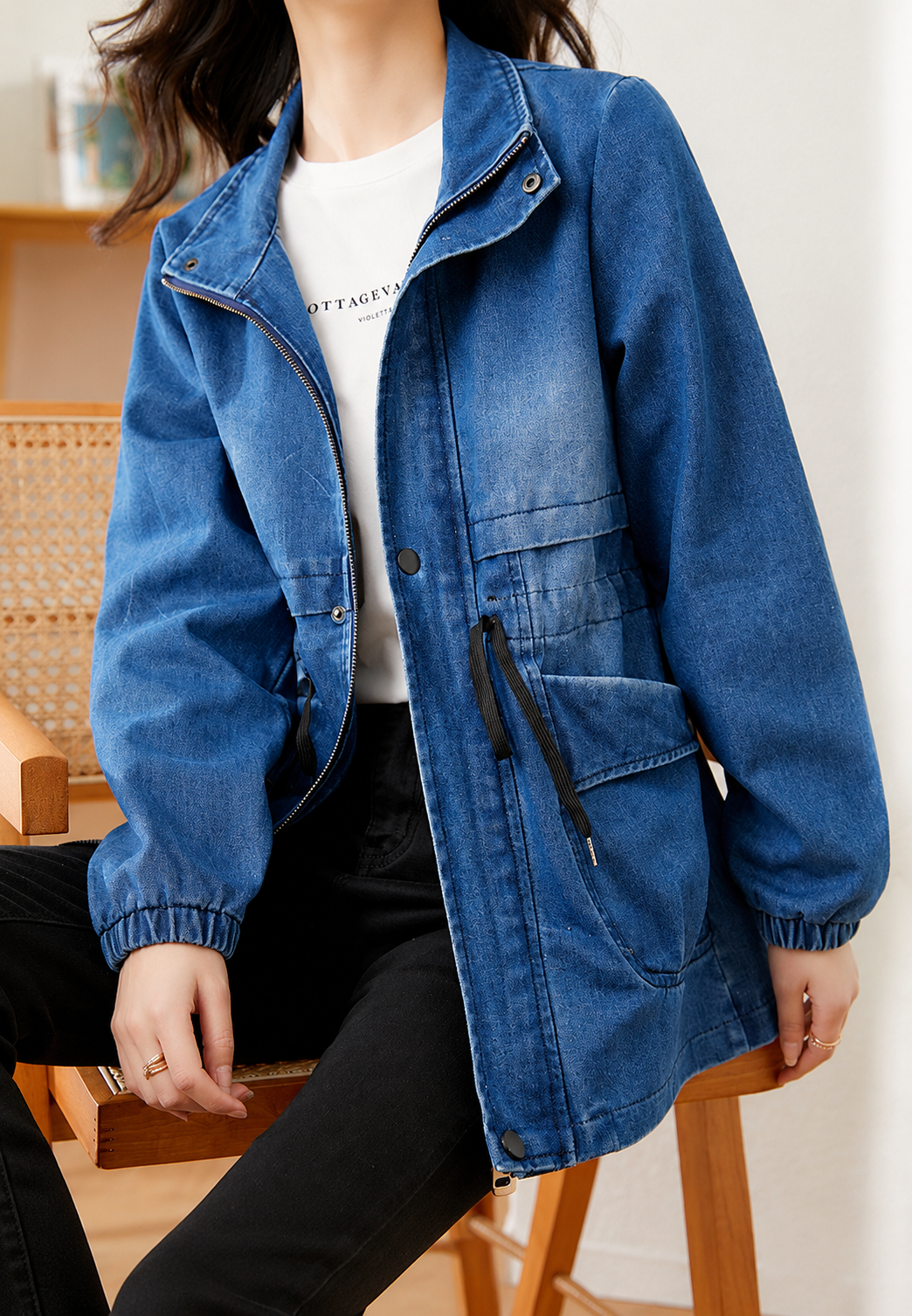 Damen-Jeansparka mit verstellbarer Taille und Vordertaschen – Svea