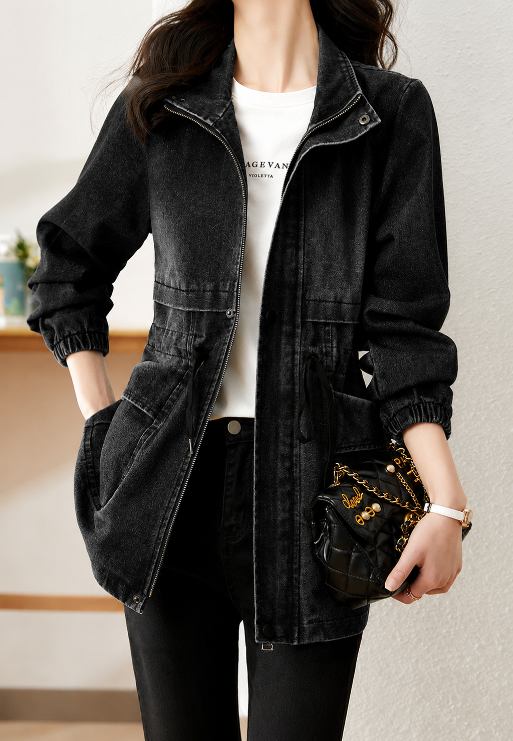Damen-Jeansparka mit verstellbarer Taille und Vordertaschen – Svea