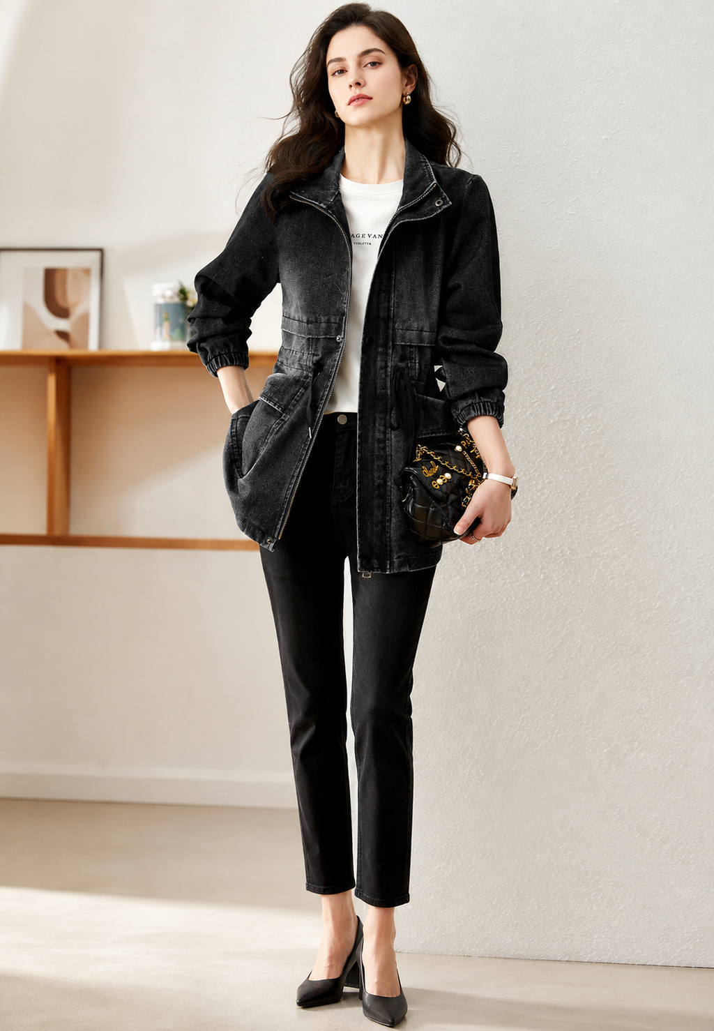 Damen-Jeansparka mit verstellbarer Taille und Vordertaschen – Svea