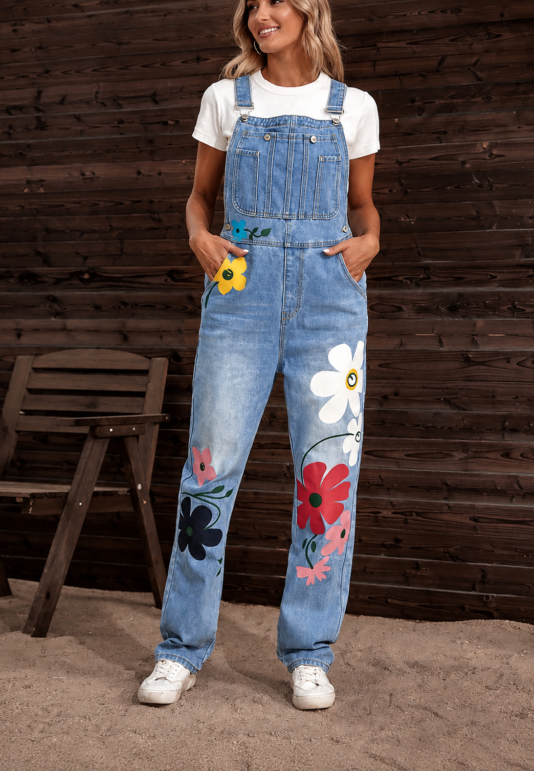 Damen-Jeanslatzhose mit Blumenmuster – Wendy