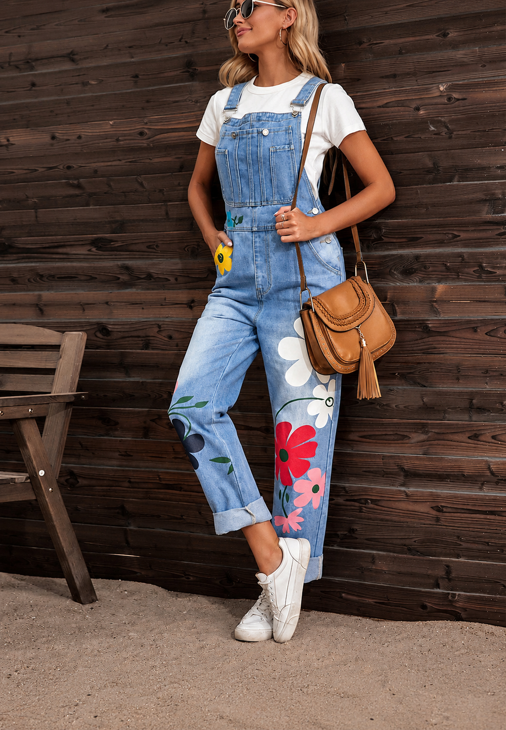 Damen-Jeanslatzhose mit Blumenmuster – Wendy