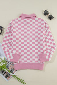 Aude - Karierter V-Ausschnitt Pullover mit Knöpfen und hängenden Schultern