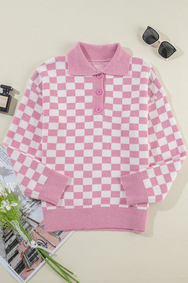Aude - Karierter V-Ausschnitt Pullover mit Knöpfen und hängenden Schultern