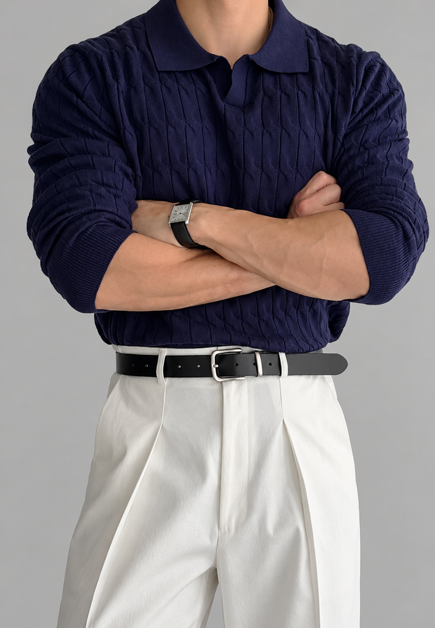 Polo en maille pour homme, manches longues, motif tressé, col ouvert - Eamon