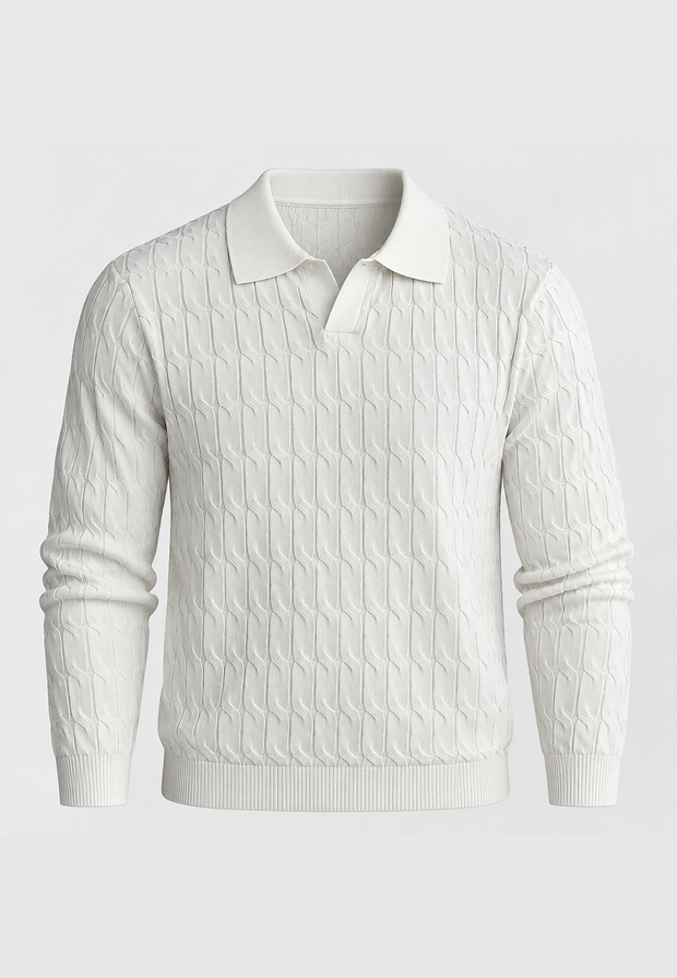 Polo en maille pour homme, manches longues, motif tressé, col ouvert - Eamon