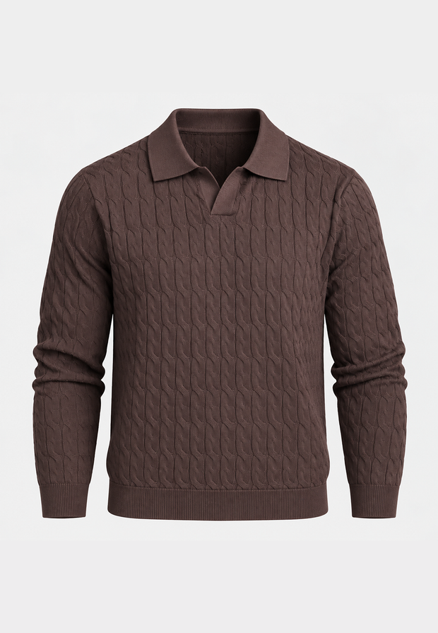 Polo en maille pour homme, manches longues, motif tressé, col ouvert - Eamon