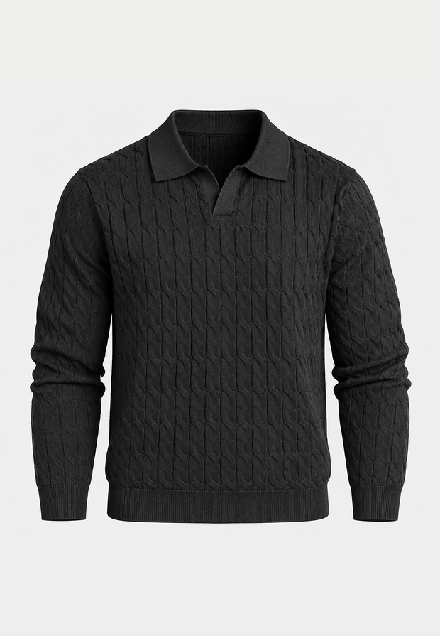 Polo en maille pour homme, manches longues, motif tressé, col ouvert - Eamon