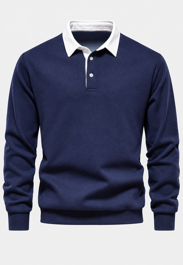 Herren-Poloshirt mit langen Ärmeln, Kontrastkragen und kurzer Knopfleiste – Cassian