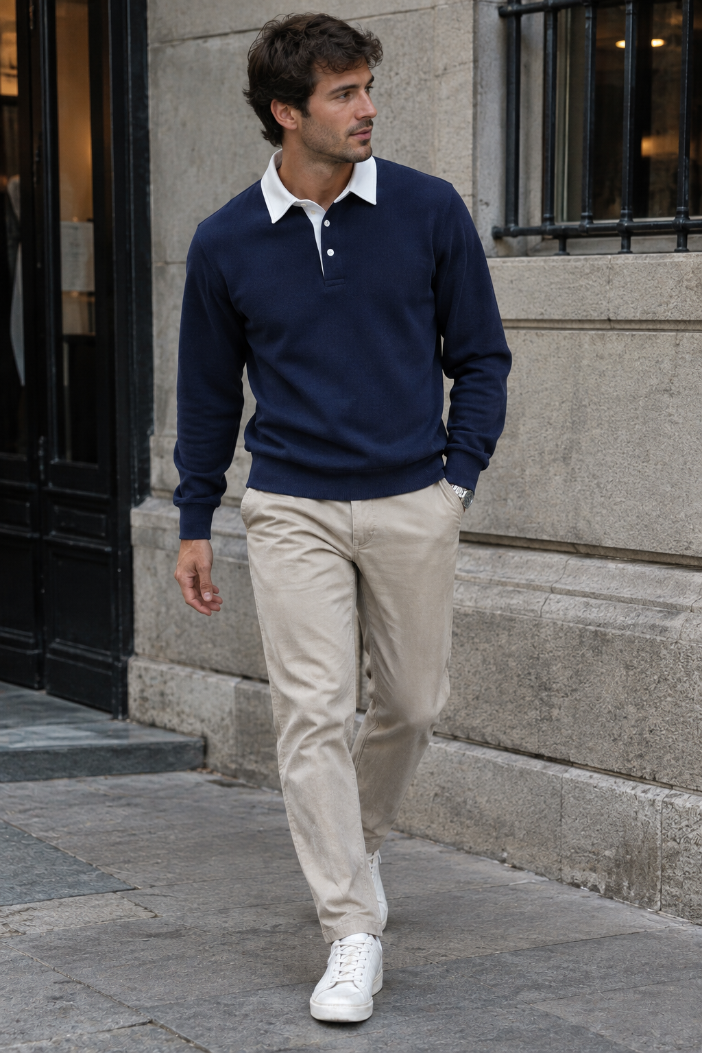 Herren-Poloshirt mit langen Ärmeln, Kontrastkragen und kurzer Knopfleiste – Cassian