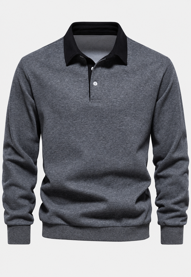 Herren-Poloshirt mit langen Ärmeln, Kontrastkragen und kurzer Knopfleiste – Cassian
