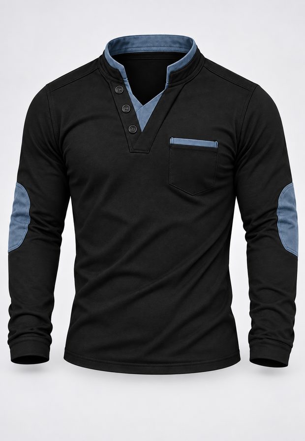 Herren-Poloshirt mit langen Ärmeln, Stehkragen und Kontrastdetails – Corvin