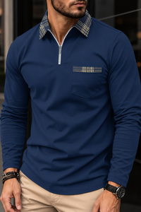 Herren-Polohemd mit langen Ärmeln, halbem Reißverschluss und kariertem Kragen – Sören