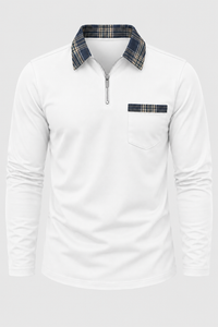Herren-Polohemd mit langen Ärmeln, halbem Reißverschluss und kariertem Kragen – Sören
