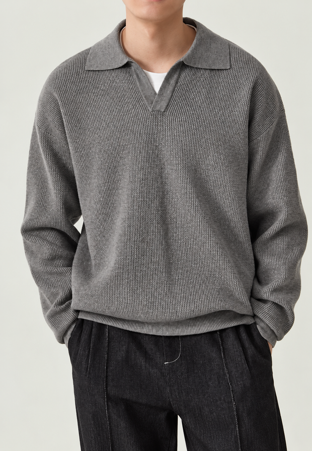 Polo homme en maille texturée, col ouvert, manches longues - Kael