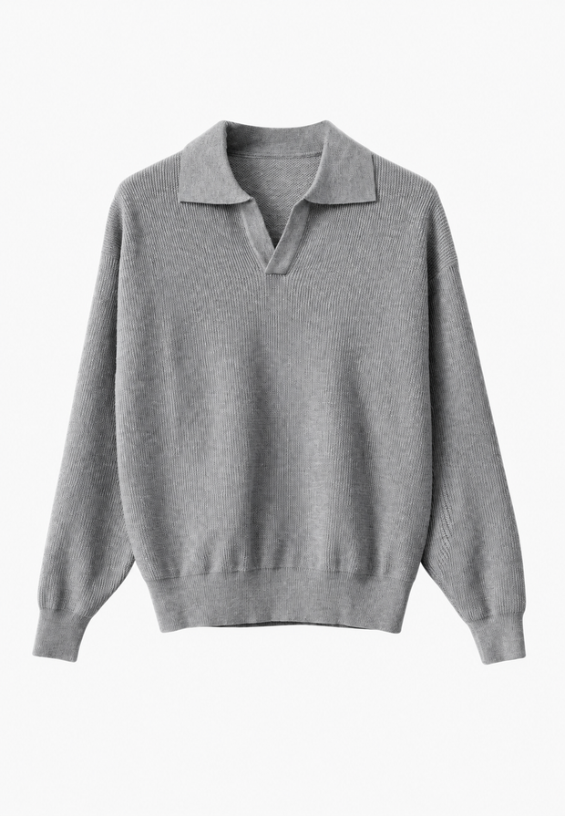 Polo homme en maille texturée, col ouvert, manches longues - Kael