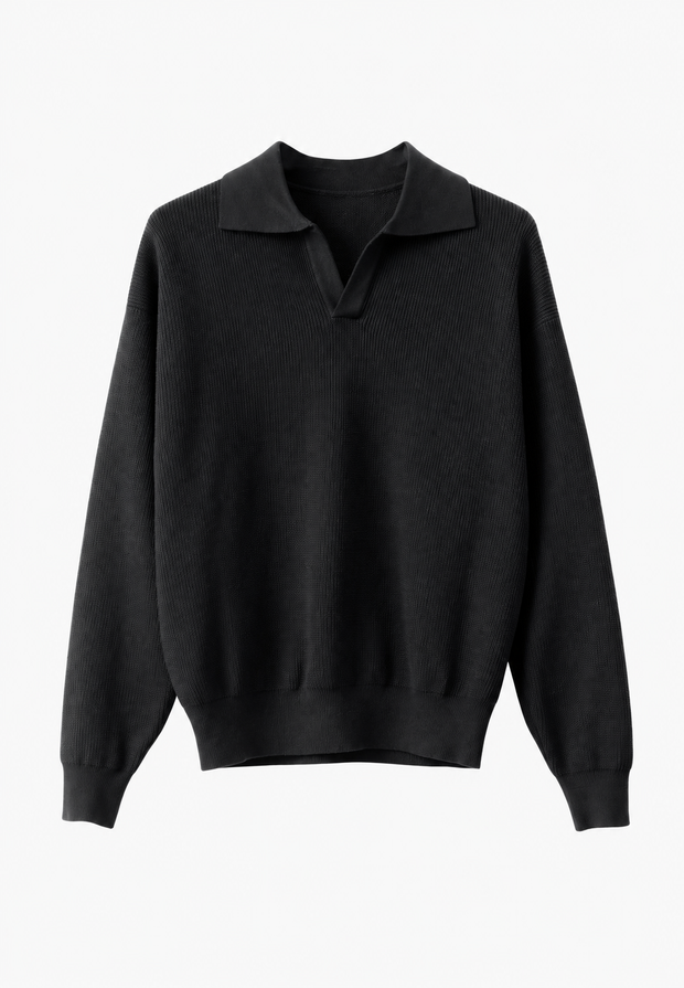 Polo homme en maille texturée, col ouvert, manches longues - Kael