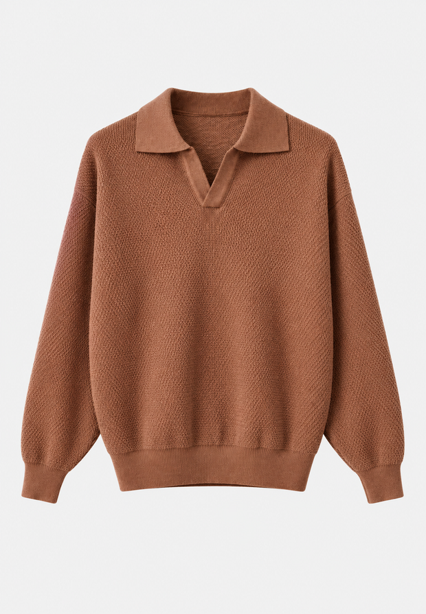 Polo homme en maille texturée, col ouvert, manches longues - Kael